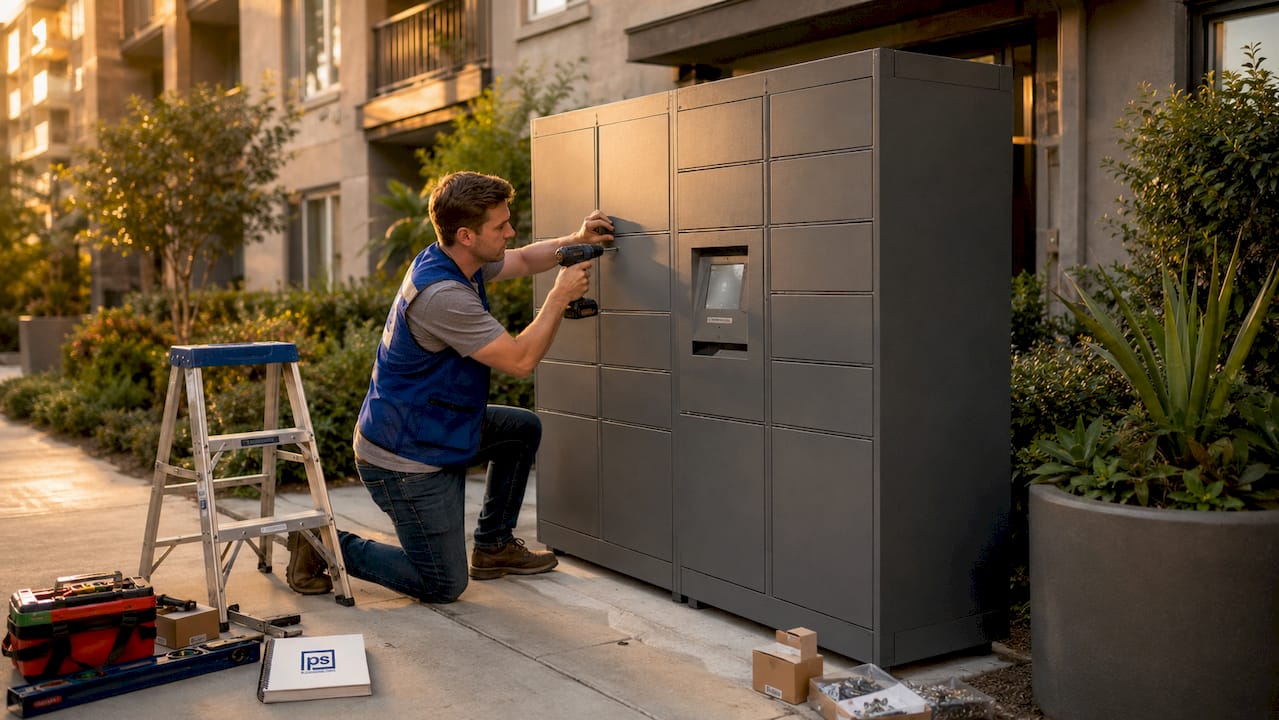 Maintenance worker installing oversized package locker outdoors