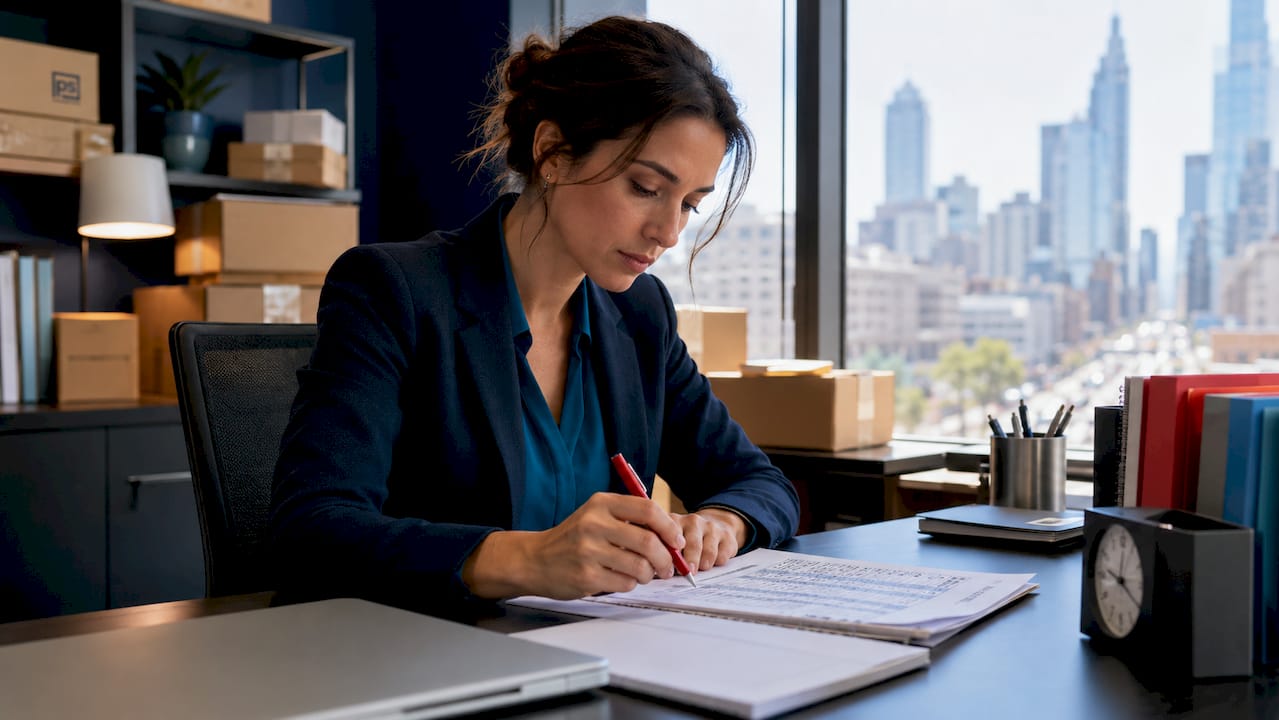 Apartment manager reviewing package delivery records at desk