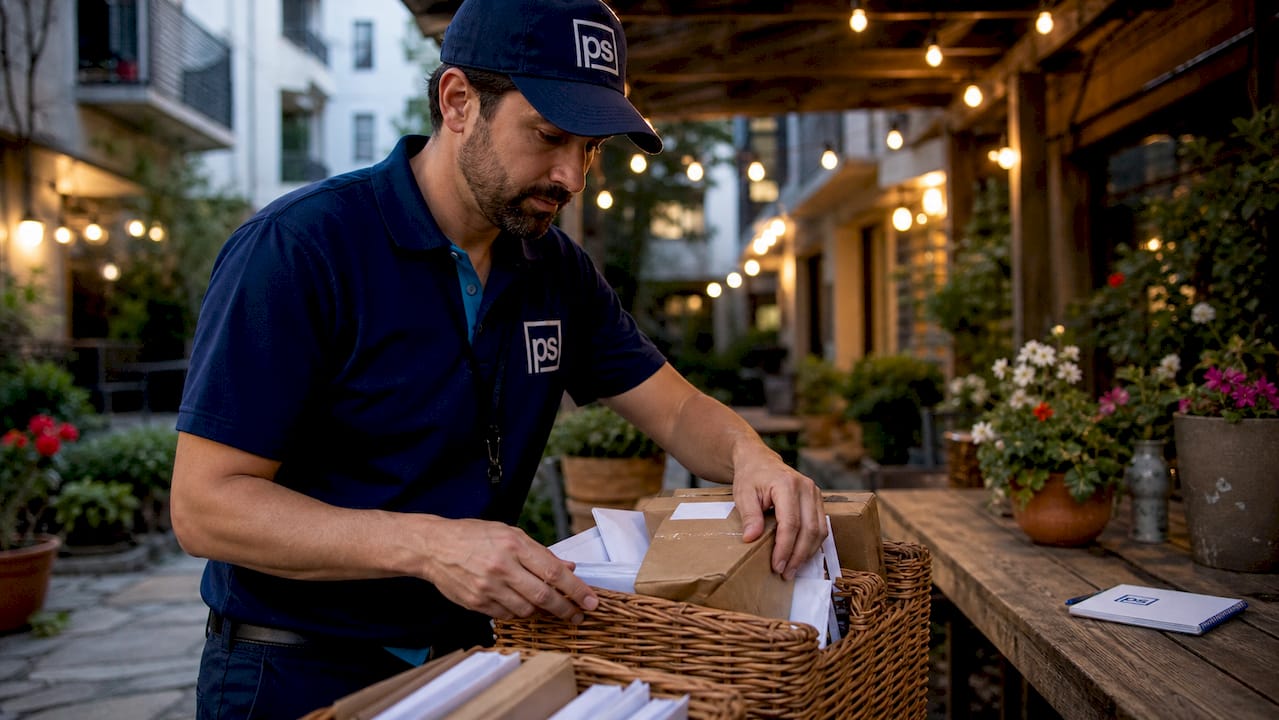 Worker manually sorting packages in apartment mailroom