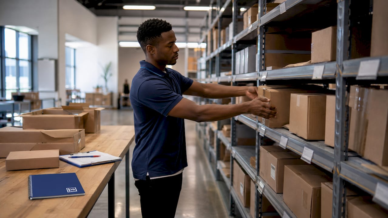 Staff organizing packages in residential package room