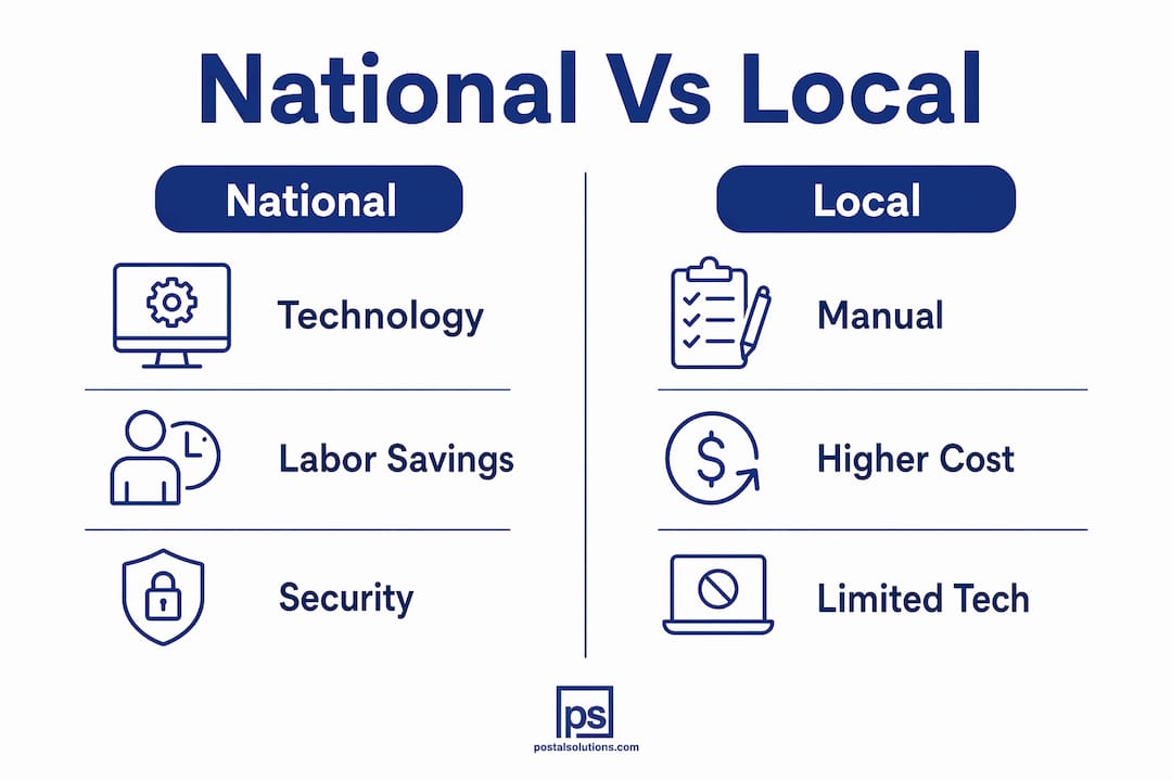 Infographic comparing national and local package management