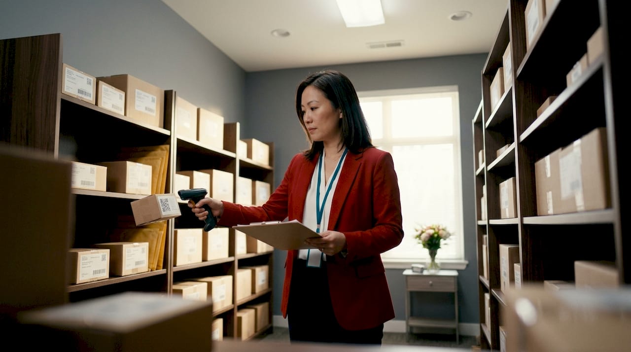 Property manager sorting packages in organized room
