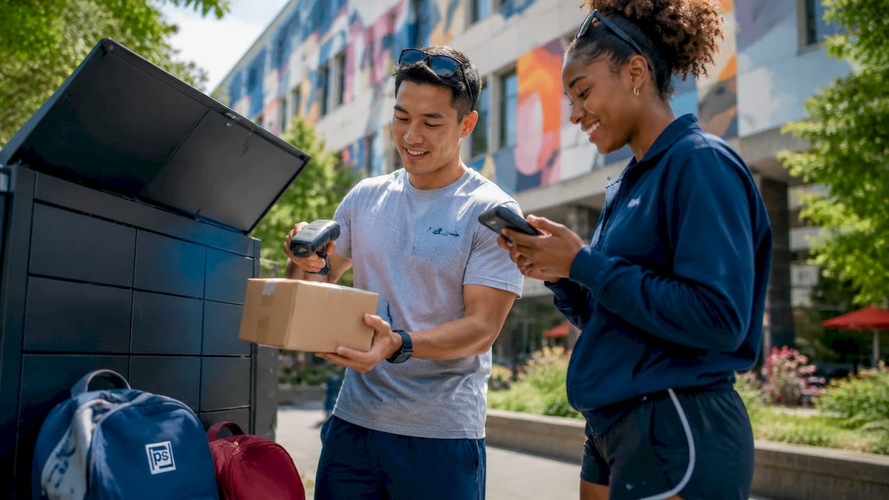Student workers logging packages at housing desk