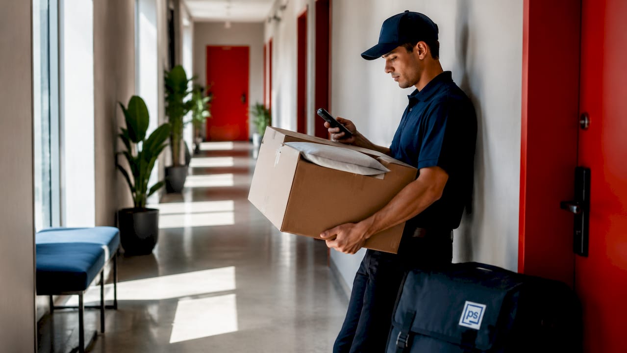 Delivery worker holding oversized package by lockers