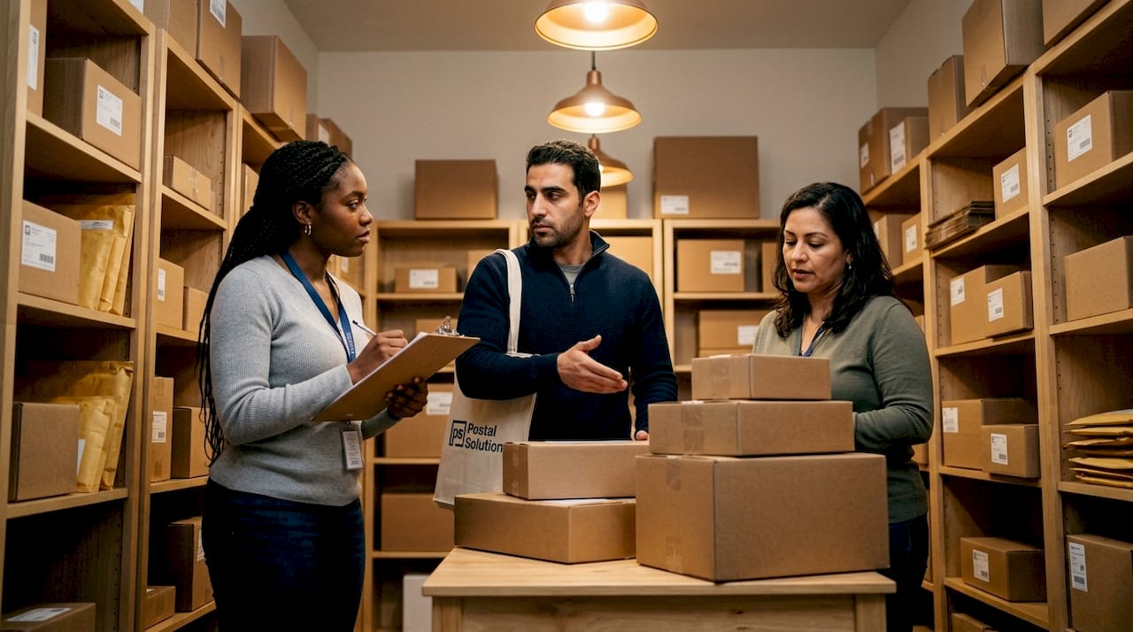 Leasing staff team discussing package room workflow