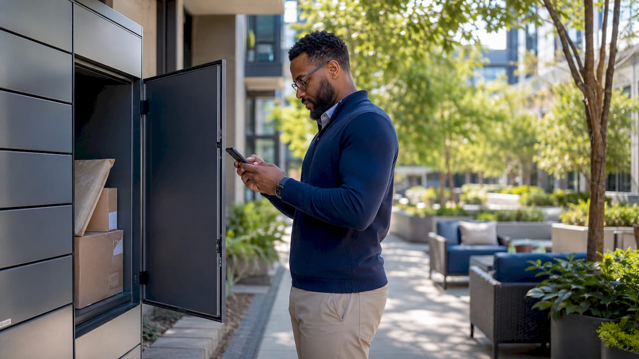 Hands using smartphone near automated lockers