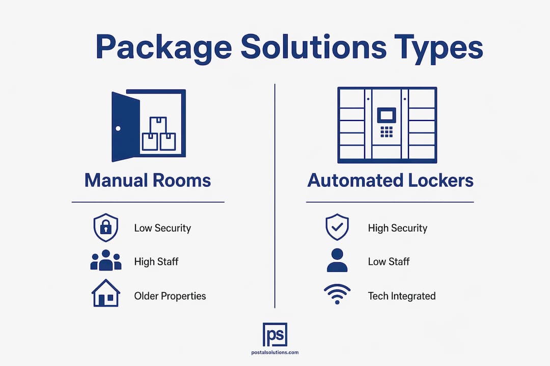 Infographic comparing manual rooms and automated lockers