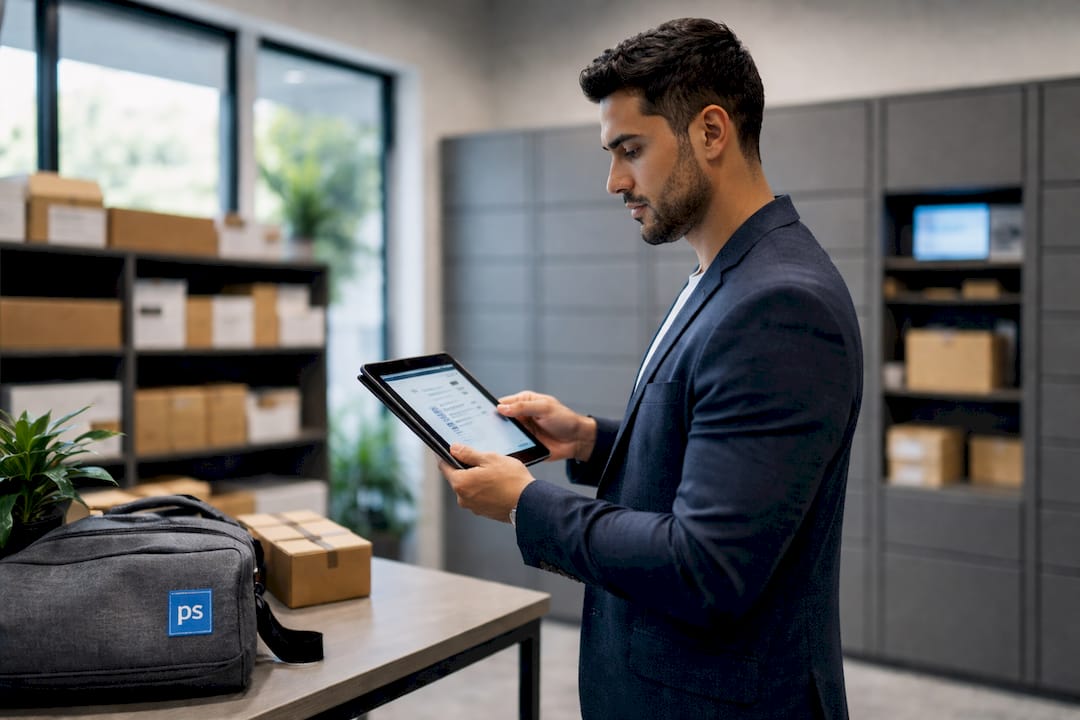 Hands holding tablet managing package lockers