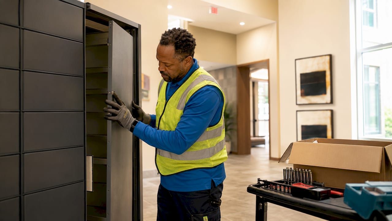 Technician installing parcel lockers in apartment hallway