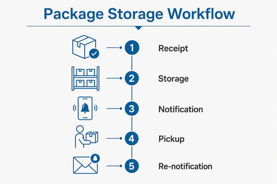 Infographic illustrating package storage workflow steps