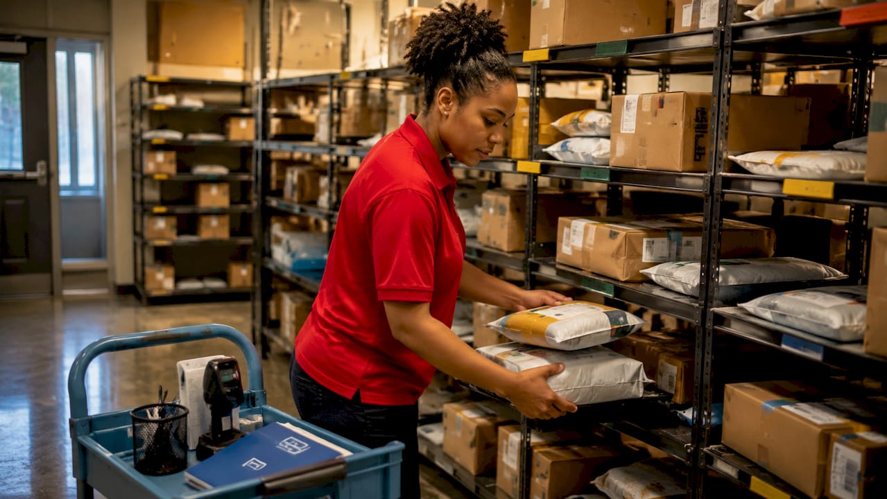 Organized package room with clerk sorting parcels