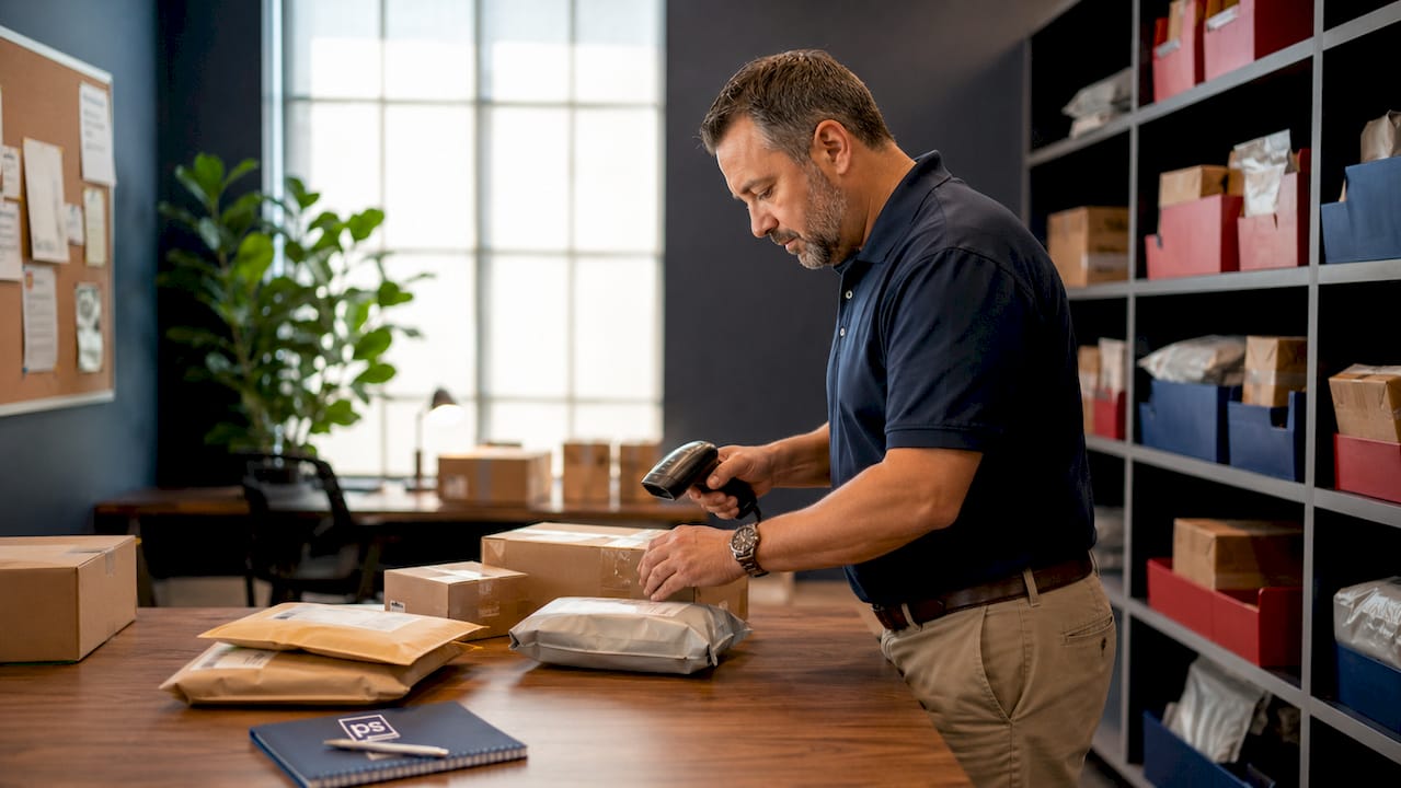 Manager organizing packages in apartment mailroom