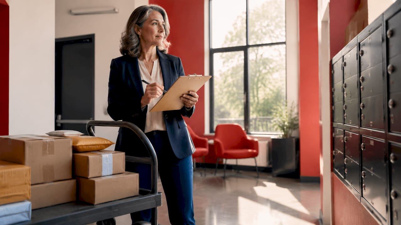 Apartment manager reviewing package policy checklist