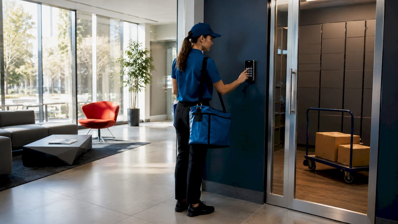 Delivery carrier entering PIN code on package room keypad