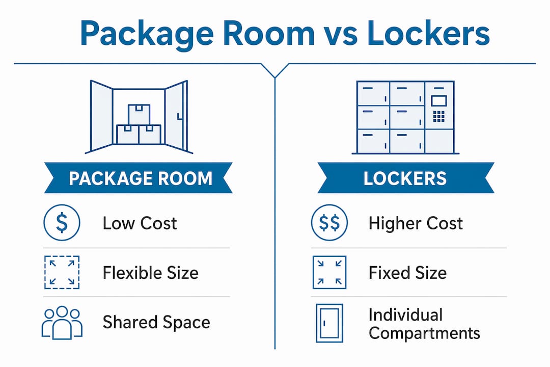 Infographic comparing package rooms and package lockers