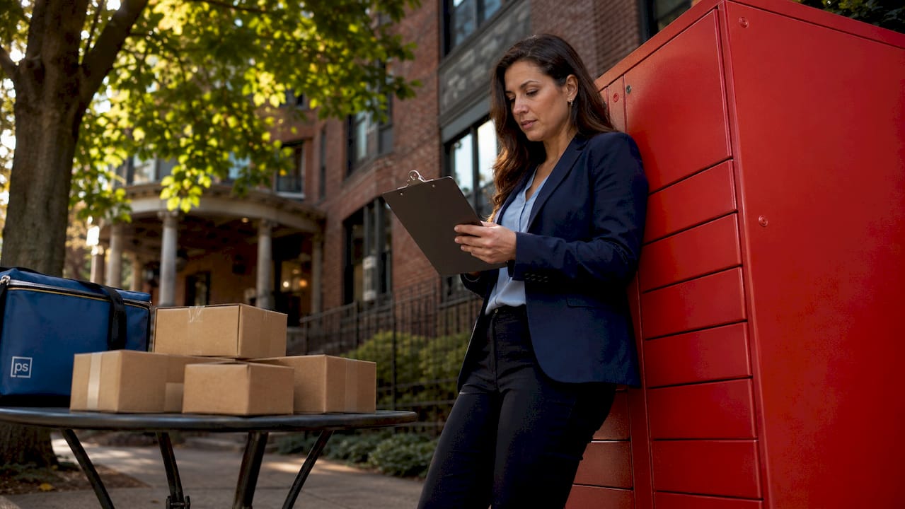 Property manager reviewing packages in urban mailroom