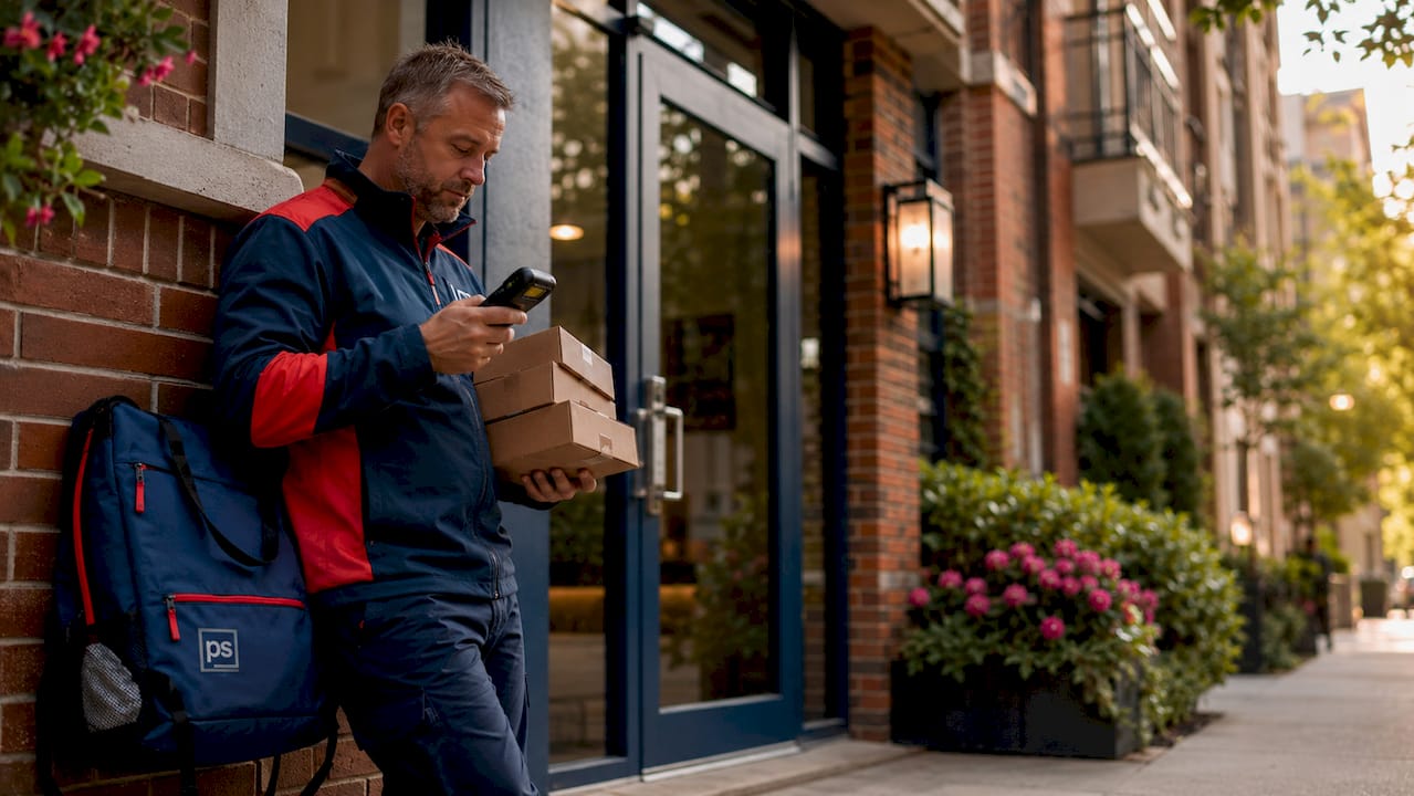 Courier scanning packages at apartment lobby entrance