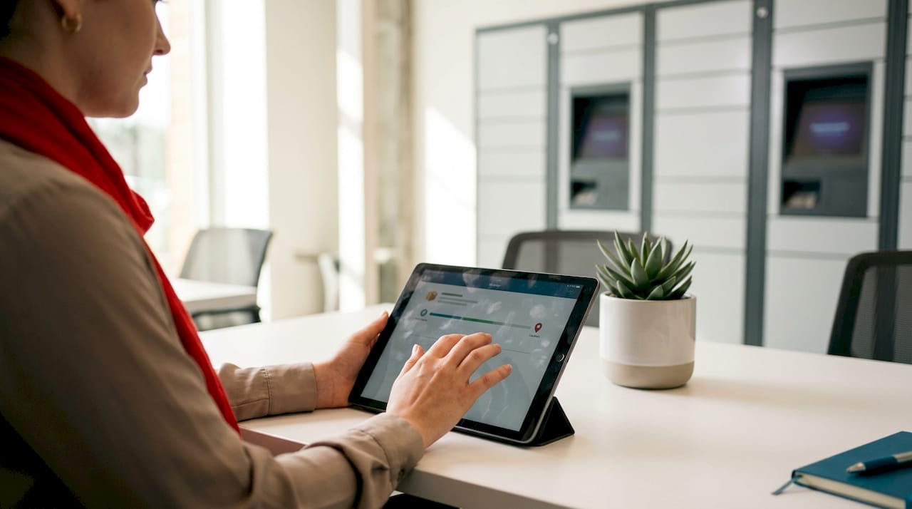 Hands using tablet to track packages in leasing office