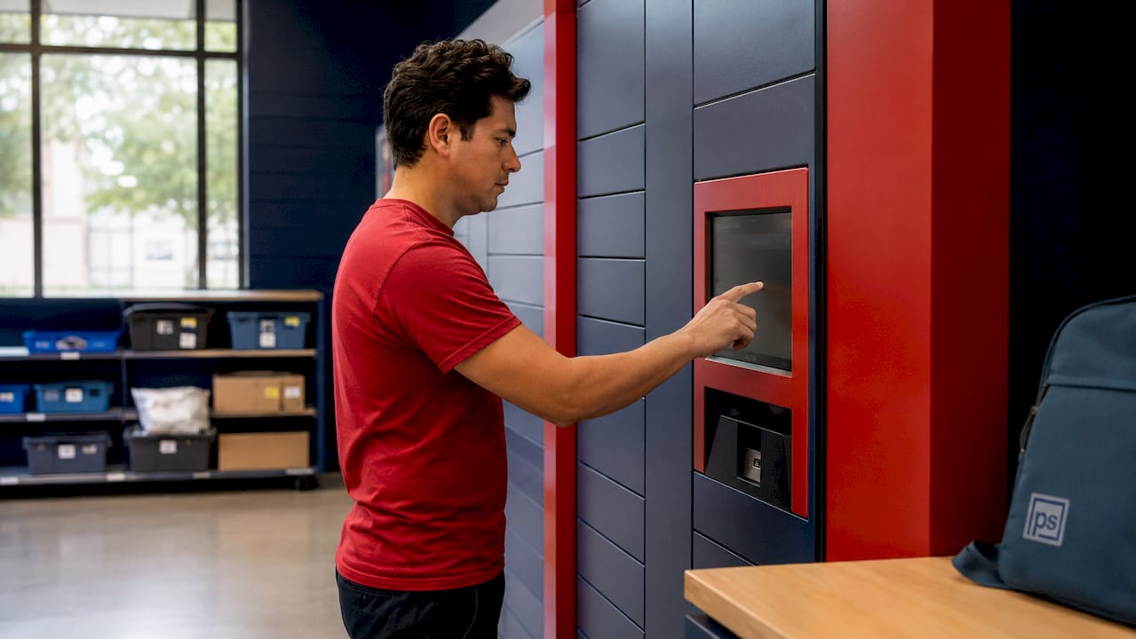 Resident accessing automated package locker touchscreen