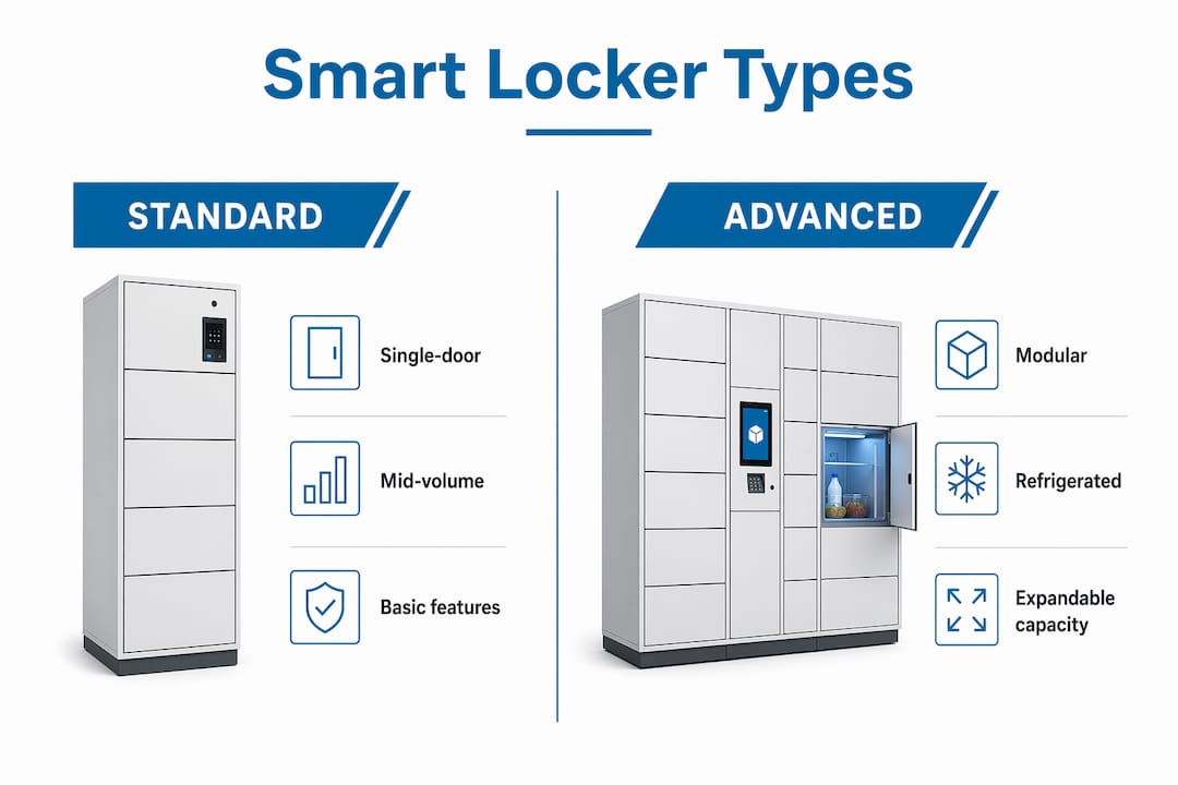 Infographic comparing smart locker types for multifamily properties