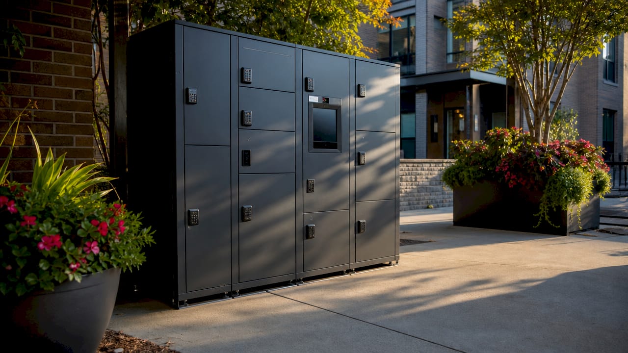 Modular locker bank compartments in residential hallway