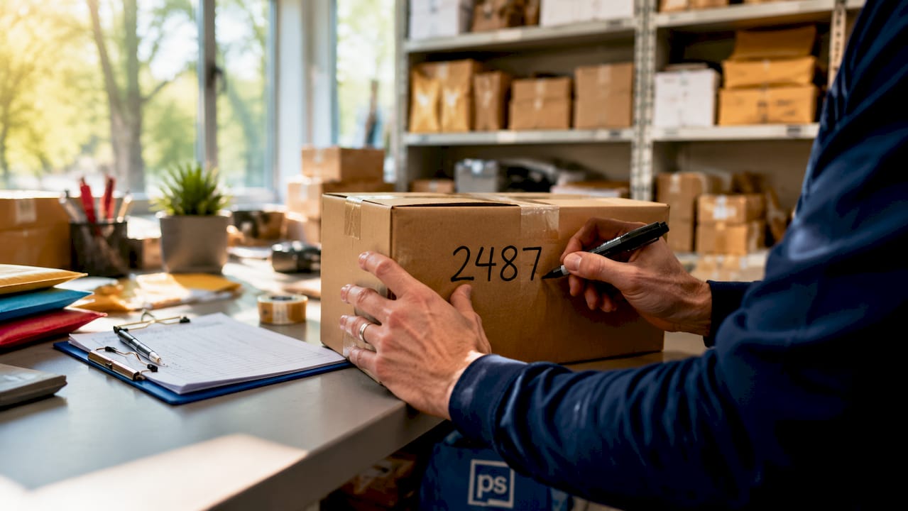 Hands marking unit number on package