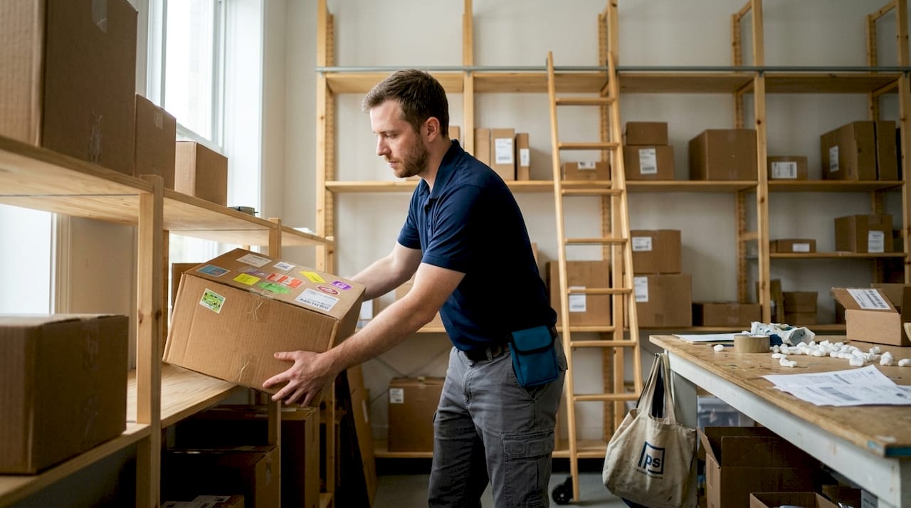 Worker organizing packages on tall shelves