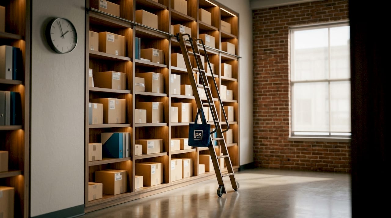 Ceiling-high shelving with rolling ladder in package room