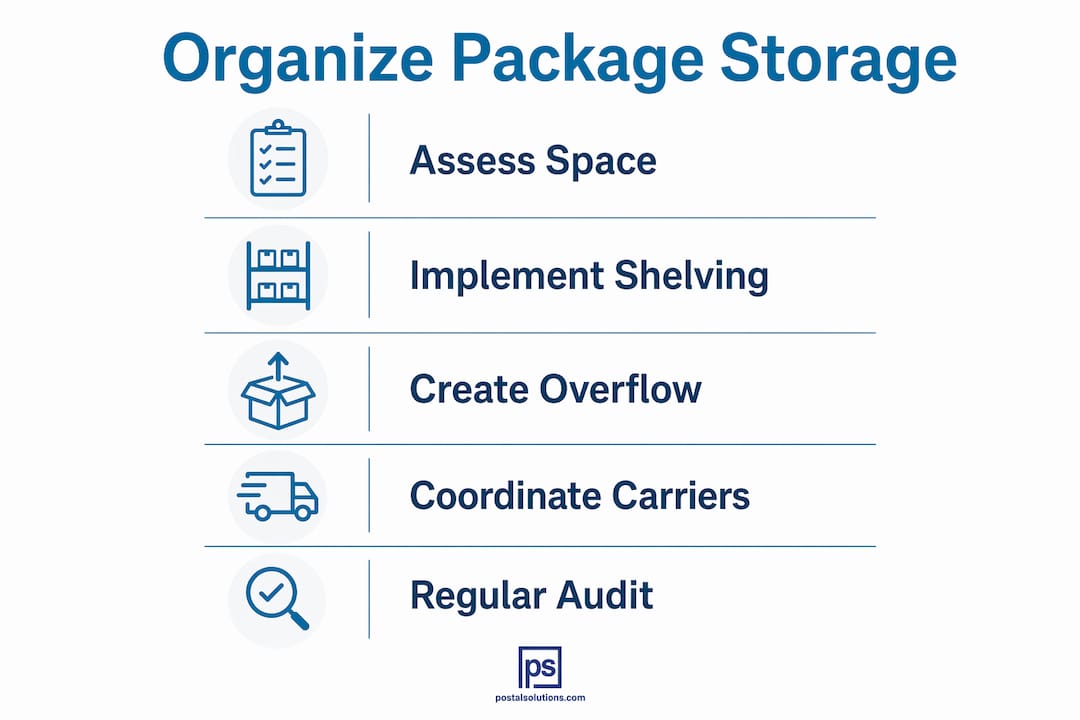 Infographic outlining steps to organize package storage