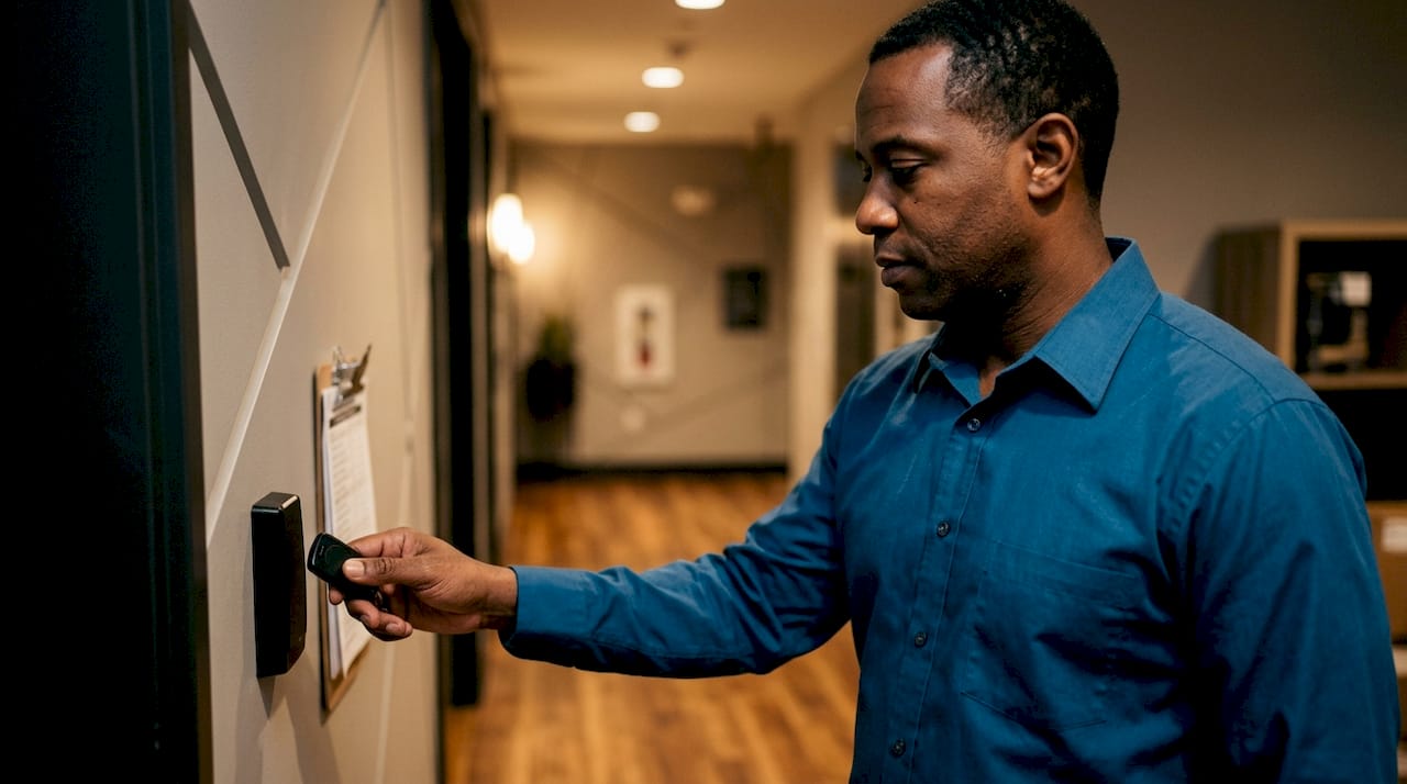 Building manager using key fob to unlock package room door