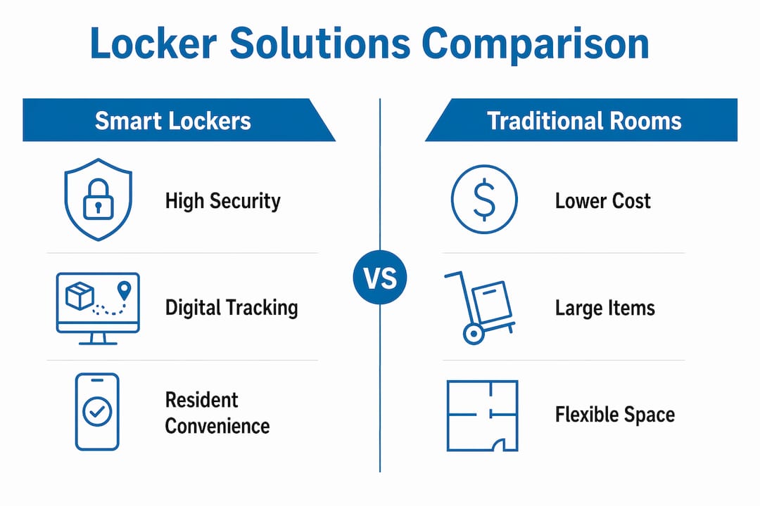 Infographic comparing smart lockers and traditional package rooms