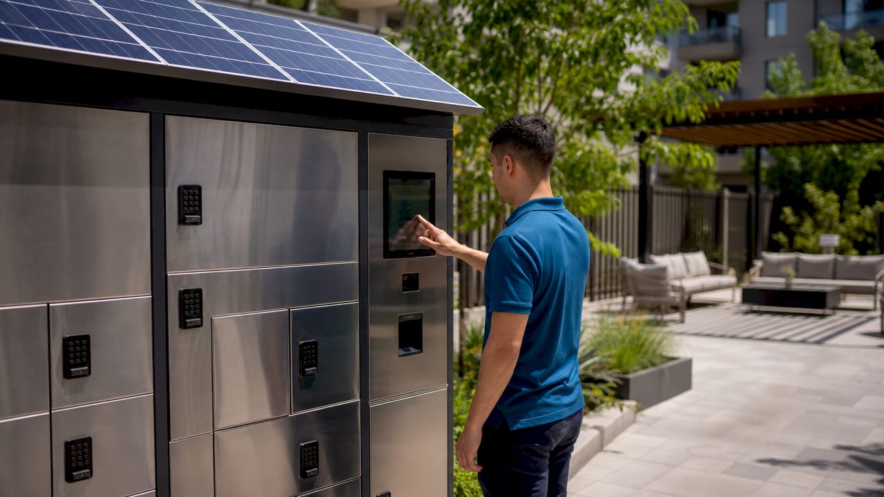 Close-up of solar locker panel with user interface