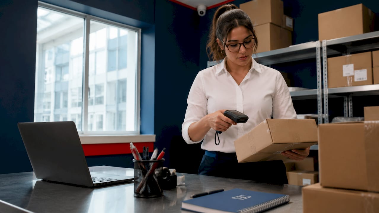 Apartment staff scanning resident package in secure room