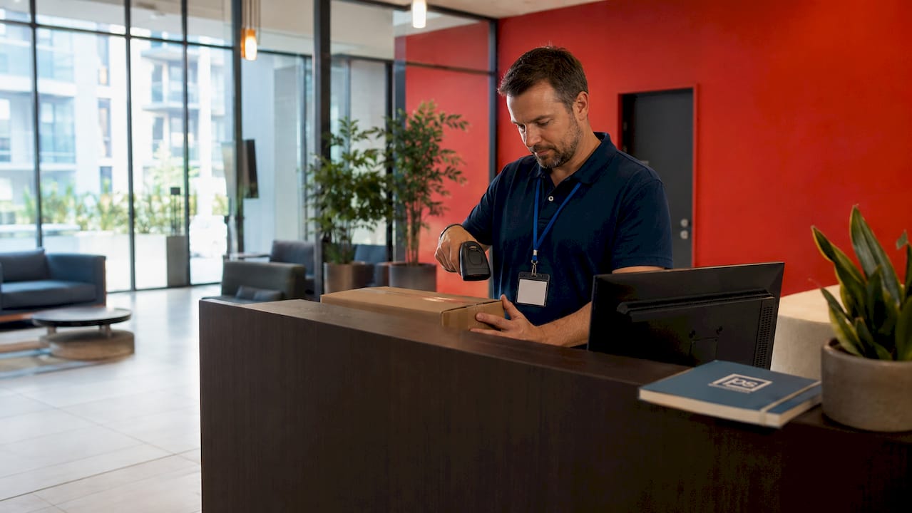 Apartment staff scanning package at front desk