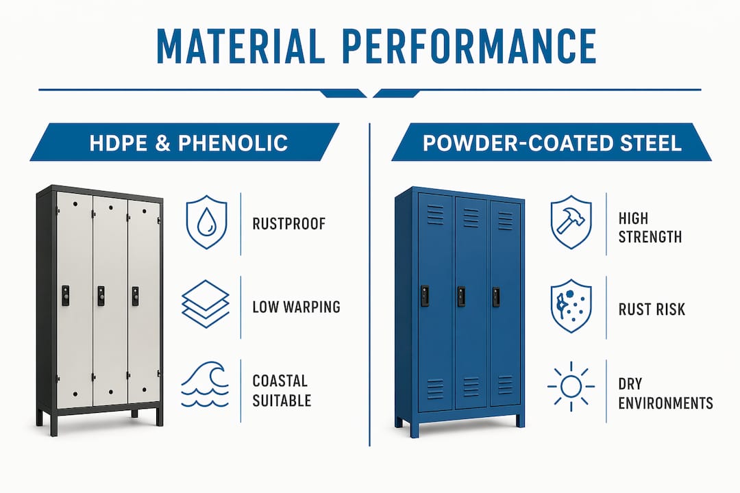 Infographic comparing locker materials for moisture resistance