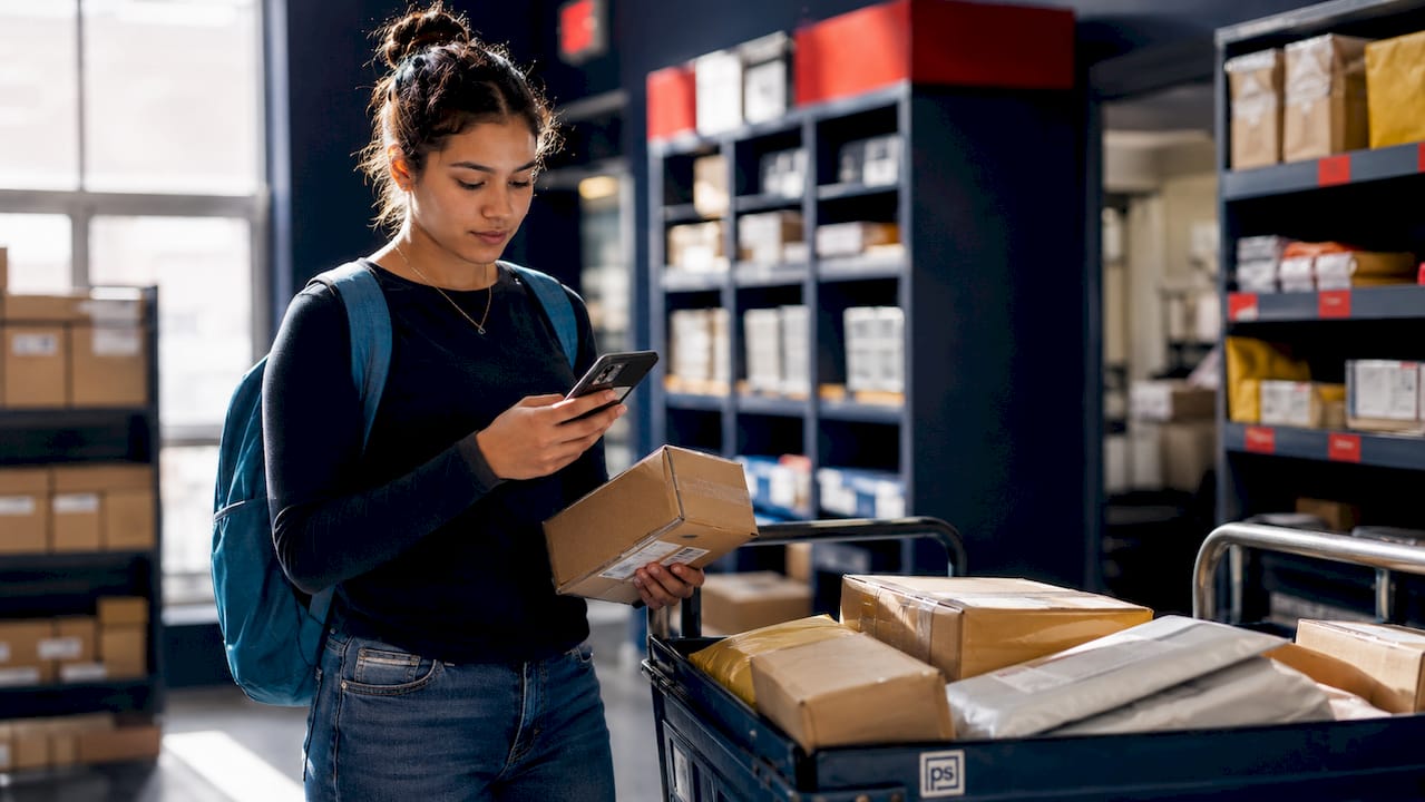 Student holding package in housing mailroom