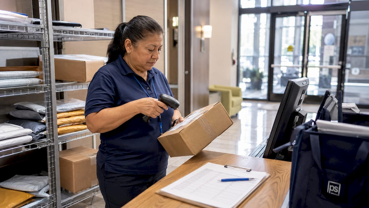 Mailroom clerk sorting packages in apartment