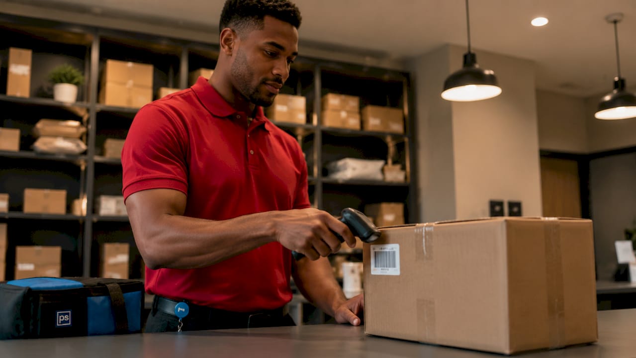 Mailroom attendant scanning package barcode