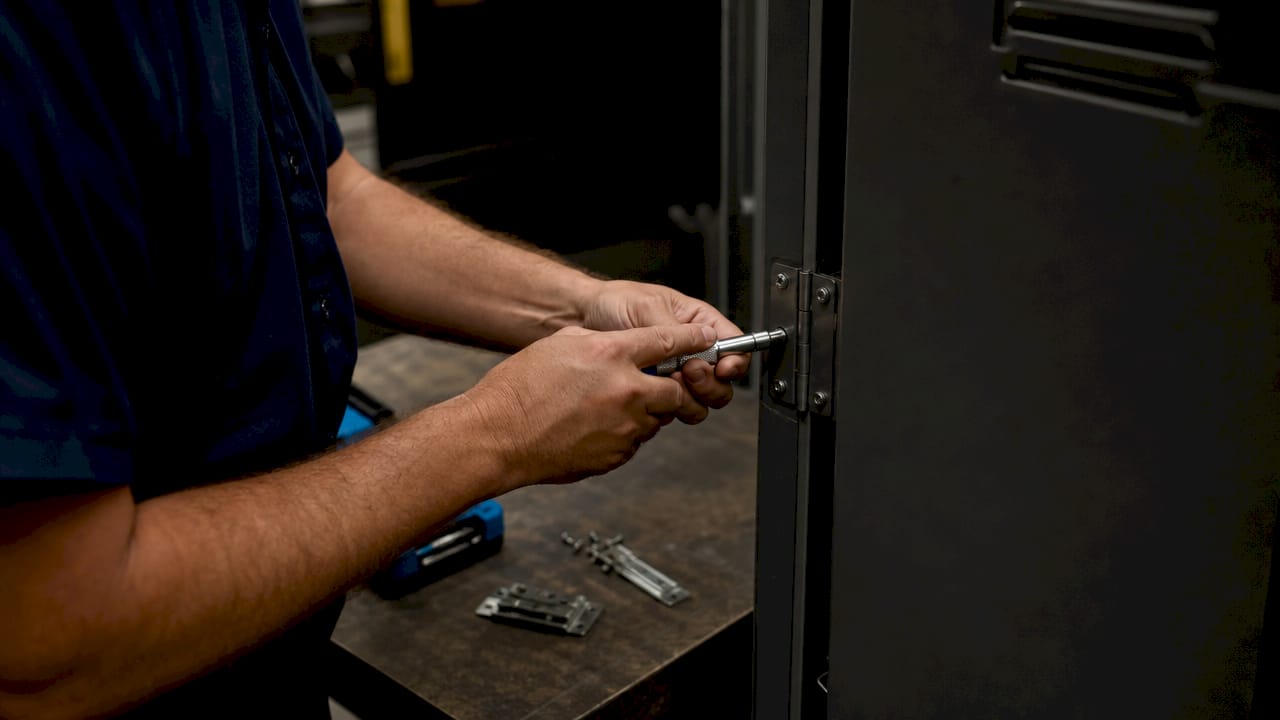 Technician tightening locker door hinge