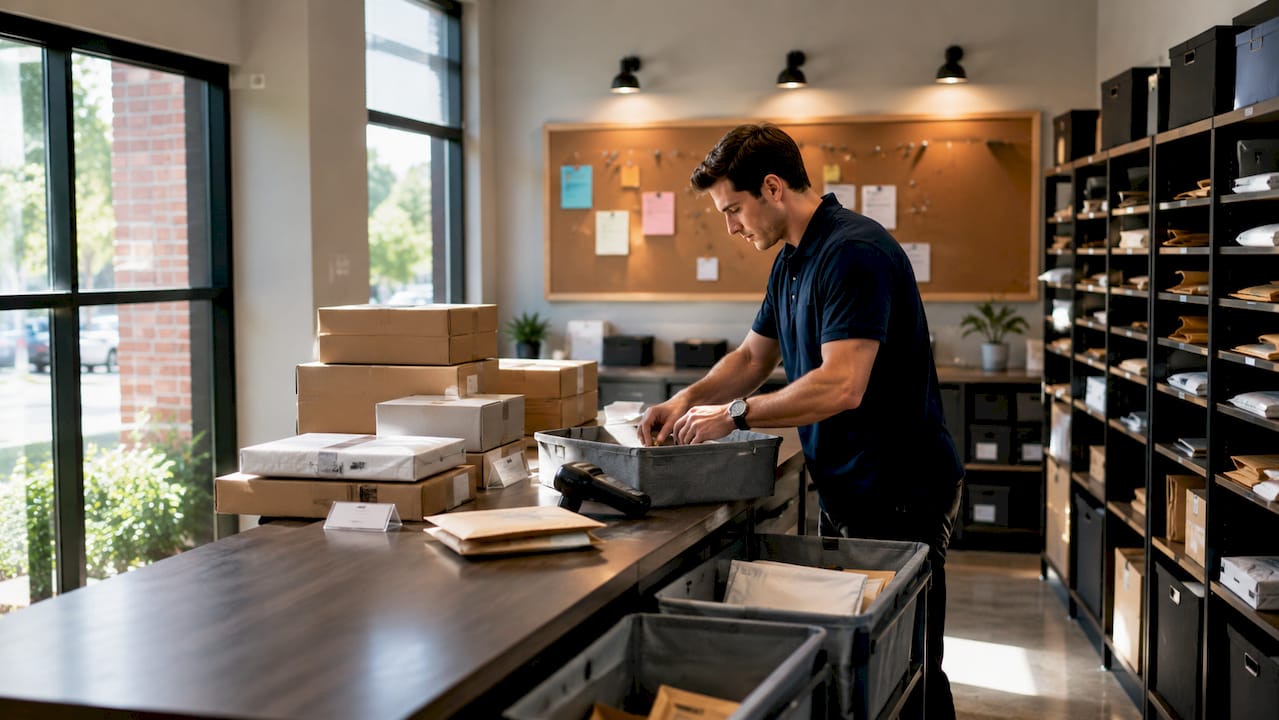 Overhead view of mail sorting in property package room