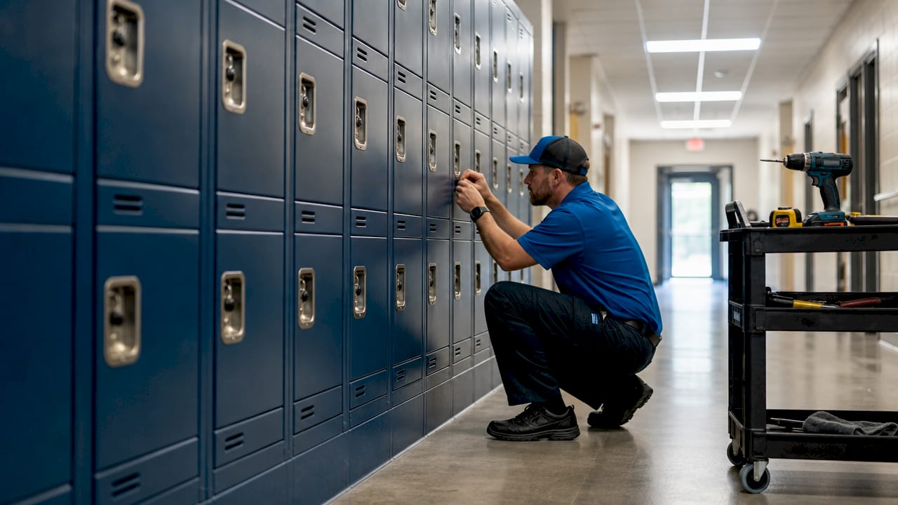 Technician inspecting dense tier lockers installation