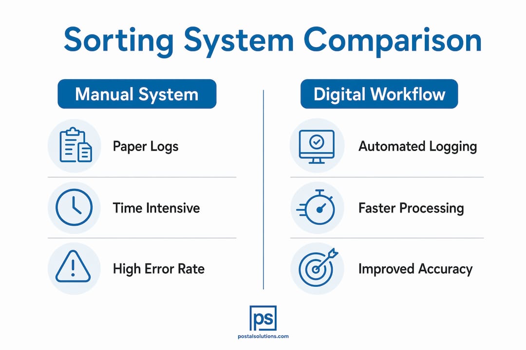Infographic comparing manual and digital mail sorting systems