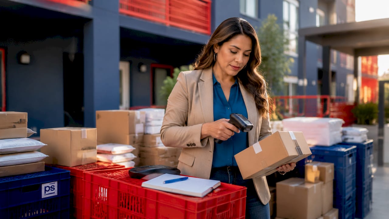 Property manager organizing parcels in package room