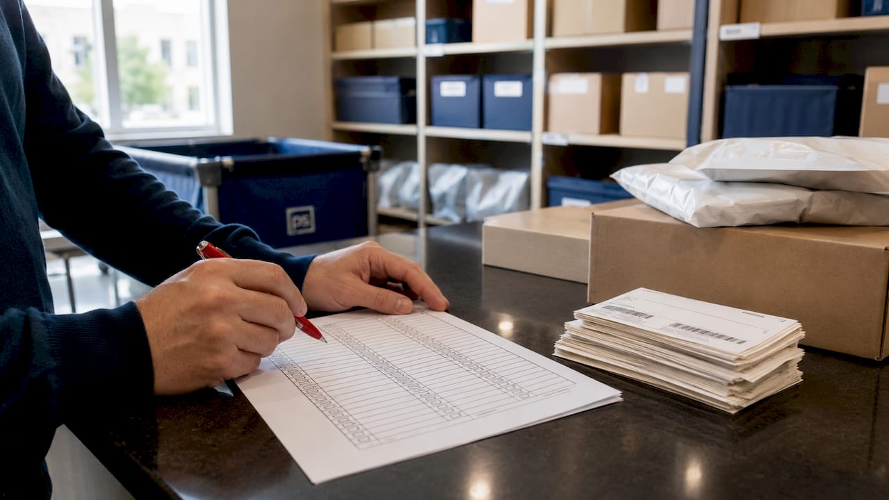 Hands marking package room checklist