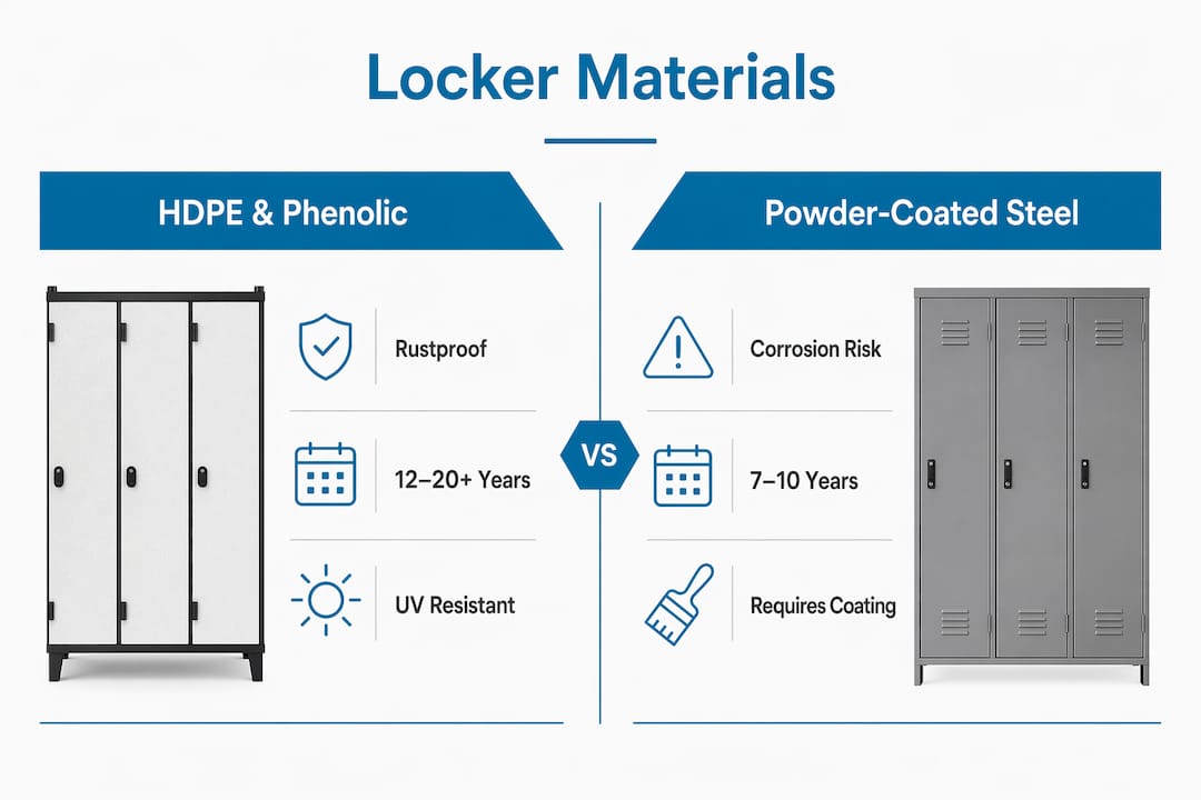 Infographic comparing HDPE and steel locker materials