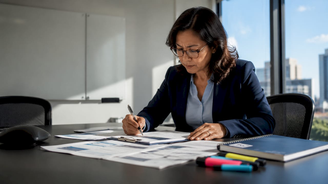 Property manager reviewing mail compliance documents