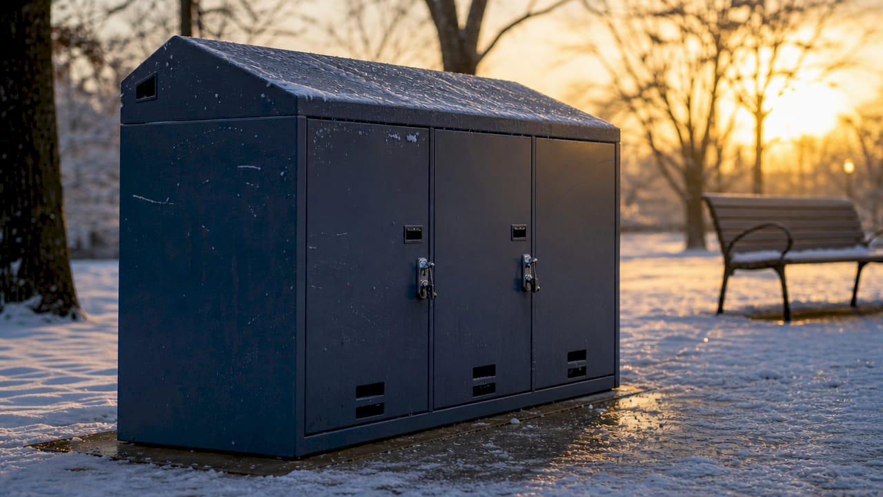 Close-up of snow-resistant locker showing sloped top and gasket