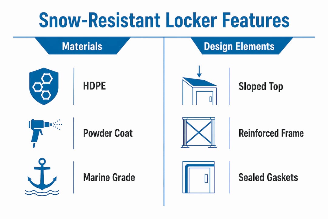 Infographic comparing snow-resistant locker materials and design features