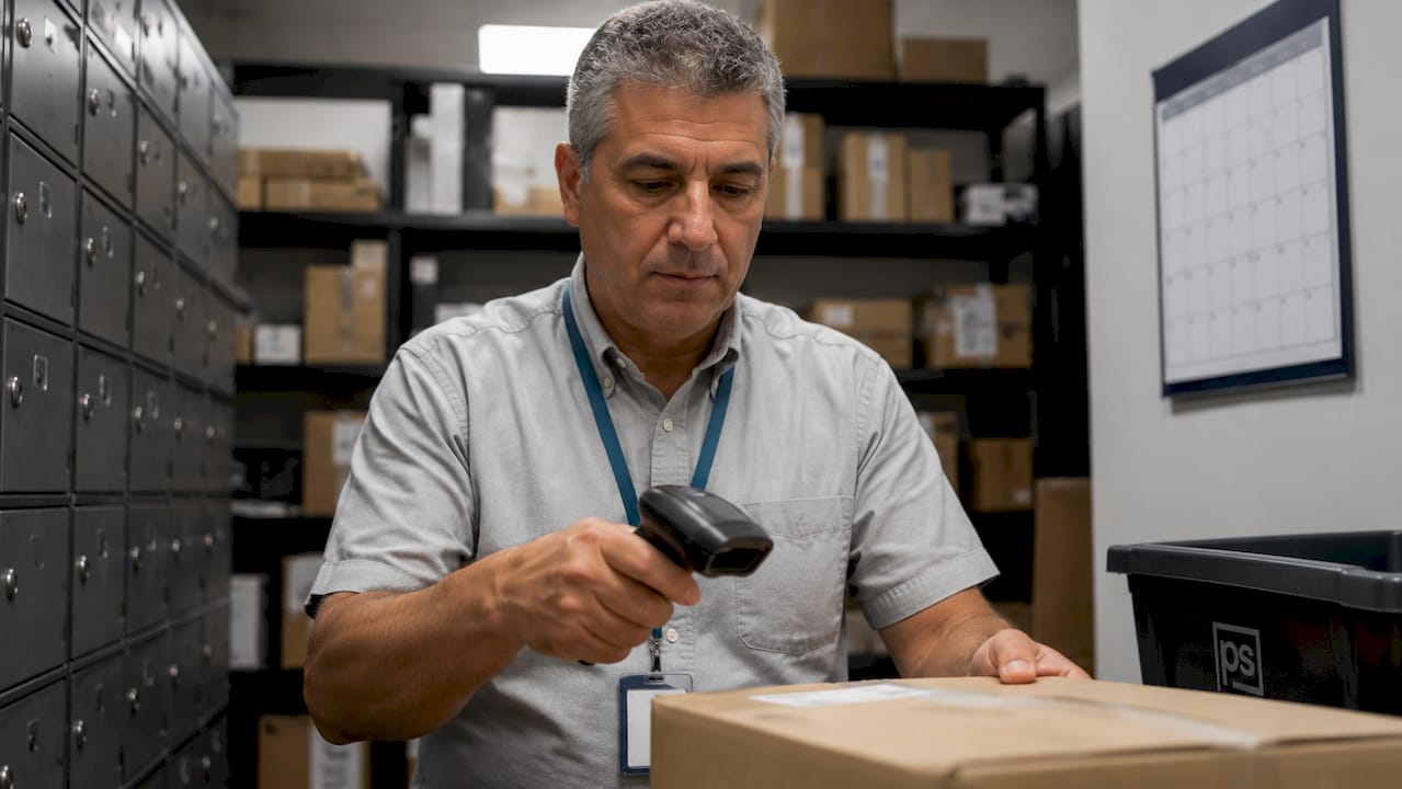 Staff scanning packages in secure locker room