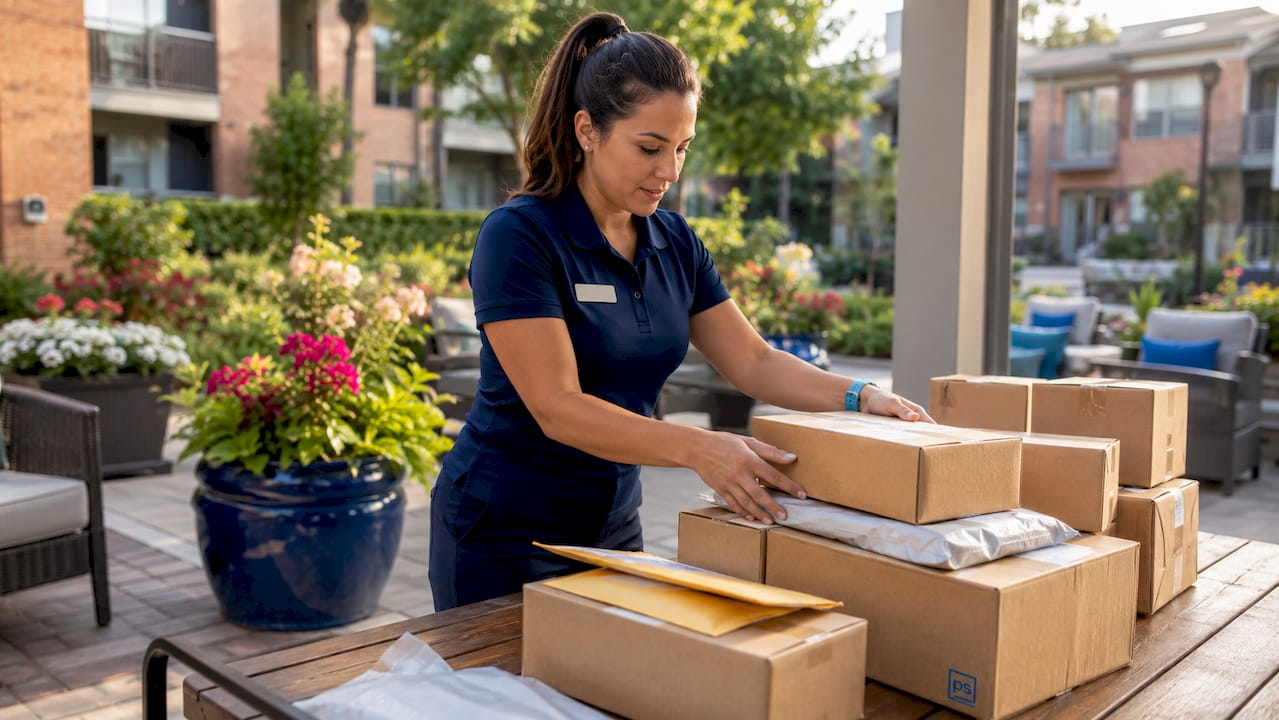 Property manager organizing packages in mailroom
